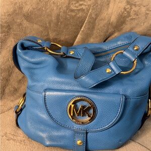 Michael Kors Fullerton Hobo Blue Leather Shoulder Bag -Gold Hardware & Wallet